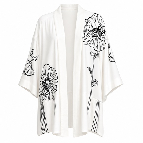 Heidi Daus Tops - Heidi Daus Kimono Tunic Topper White Black Floral Poppy Pockets Size 3X
